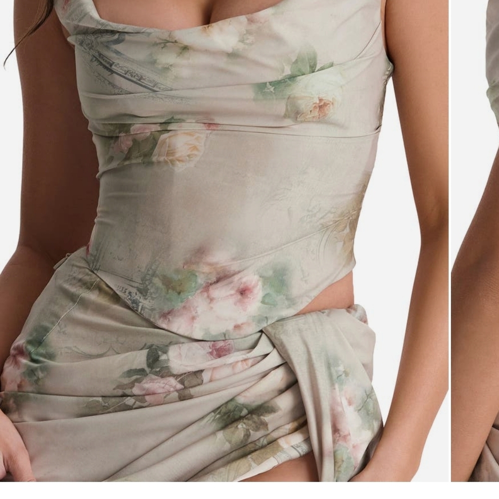 House CB - Floral Print Draped Dress [2 piece Corset + Skirt)